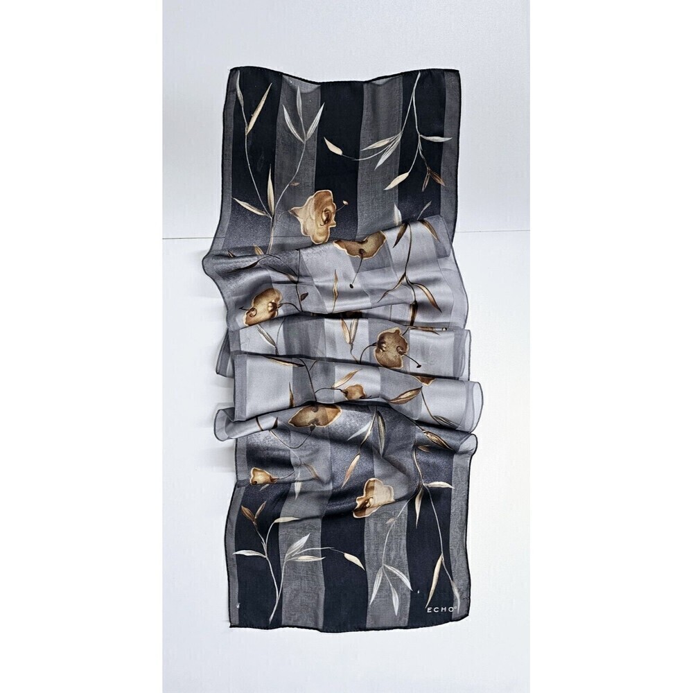ECHO Ombre Gray Black Striped Gold Flowers Rectangular Scarf